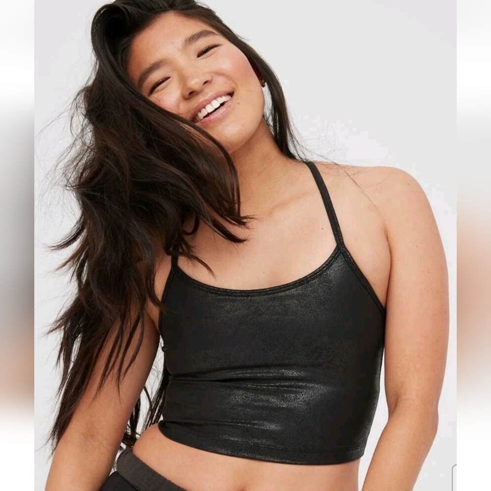 Aerie Womens Stretch The Hugger Medium Support Black Crackle Faux Leather Top M